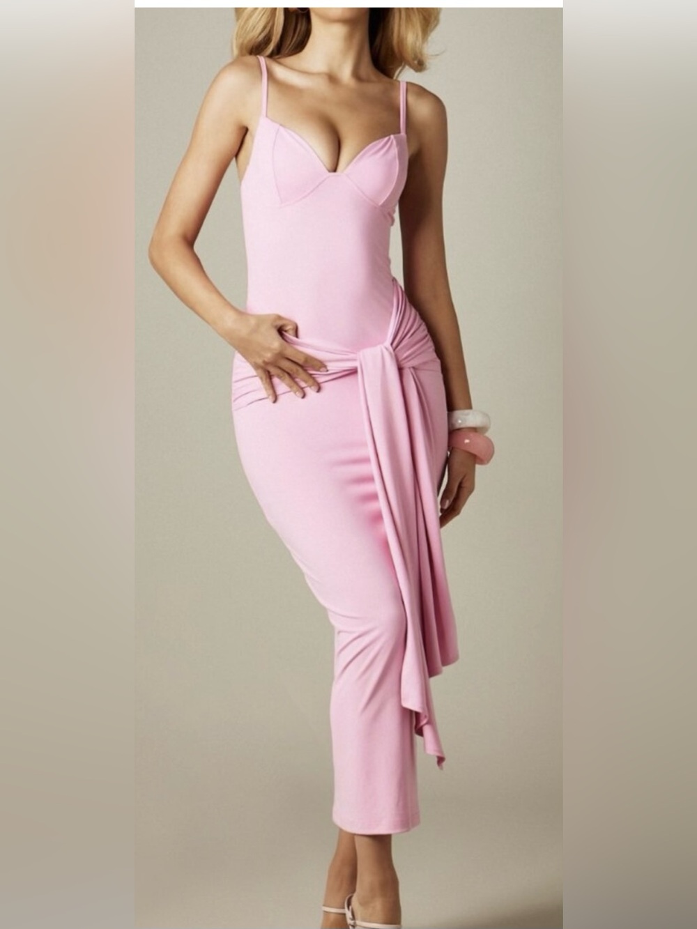 Pink Elegant Women's Tie Waist Bodycon Midi Dress